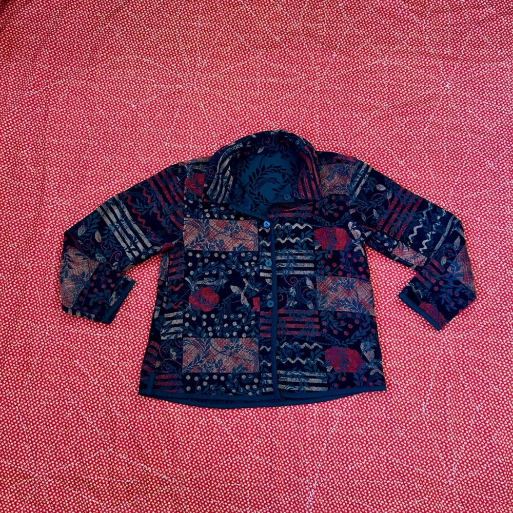 Vintage Patchwork Floral Tapestry Button Front Jacket Navy Red Multi-Color